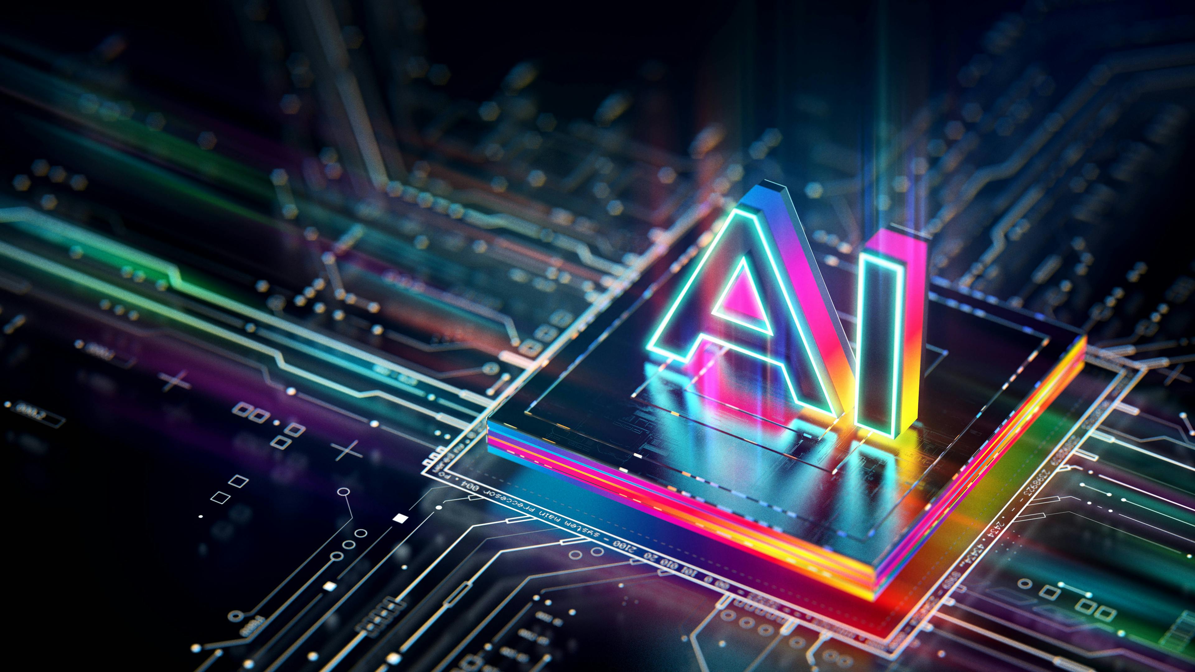 The letters “AI” in digital form sitting on top of a semicoductor